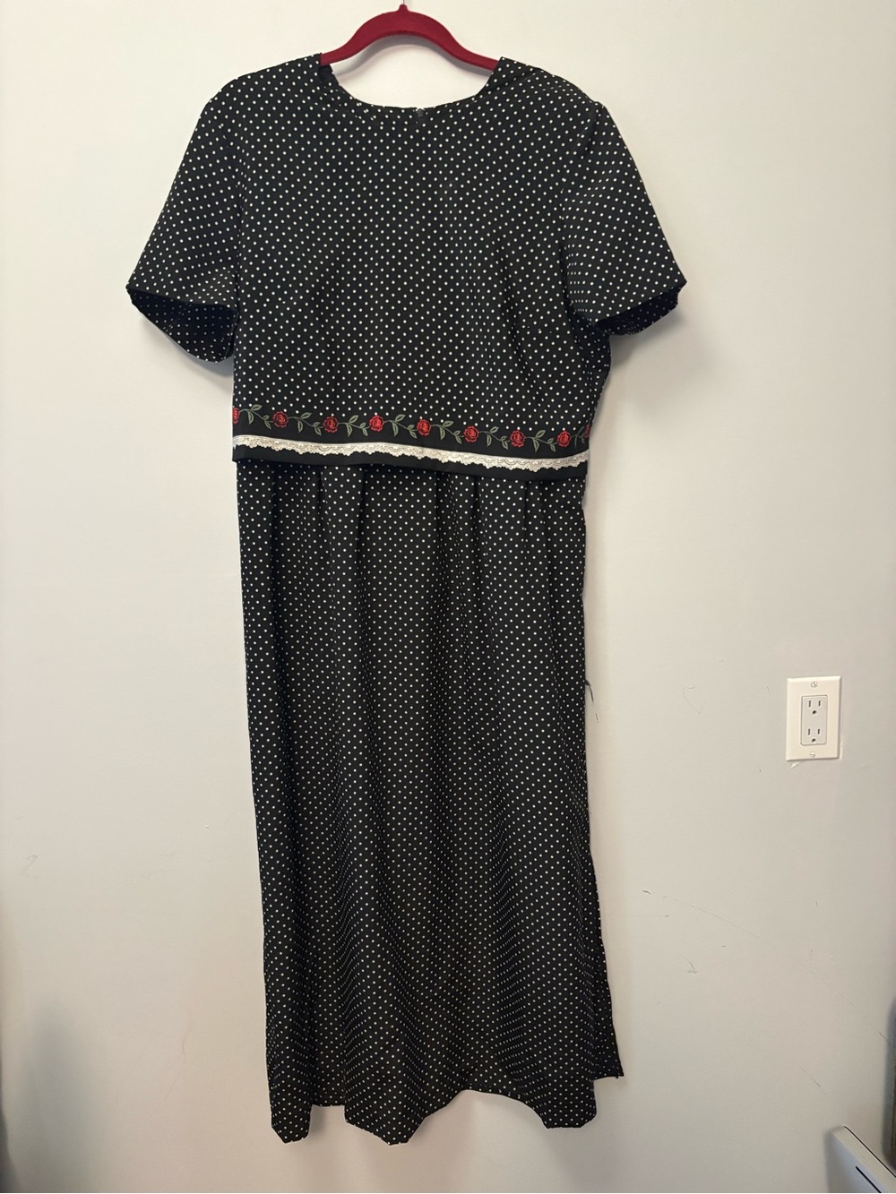 90s Black Polka Dot Midi Dress with Rose design lace  Trim